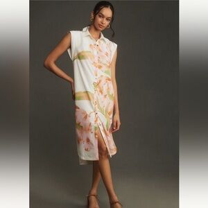 Anthropologie Maeve Cap-Sleeve Floral Button Front Midi Dress